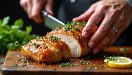 Hand slices juicy roasted chicken breast garnished with herbs on wooden board. Lemon slice and greens surround the savory poultry dish. Preparation for a delicious meal.