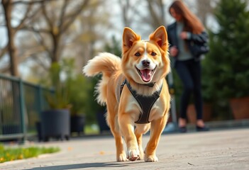 Confident stride and wagging tail, a fashionable outdoor scene,  elegant,  fashion