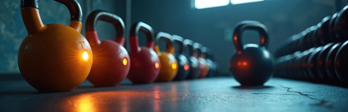 Lineup of colorful kettlebells and dumbbells on gym floor. Workout equipment shines with internal orange glow. Dark studio shows strength training gear.