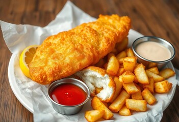Crispy golden battered fish fillet alongside perfectly cooked chunky potato chips, garnished with a fresh lemon wedge and side sauce,  traditional,  fries