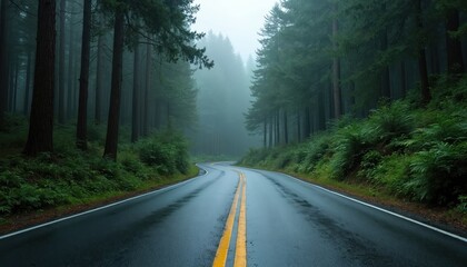 Wet asphalt road winds through dense green forest with tall trees and fog. Serene, misty atmosphere suggests a quiet journey or solitary travel.