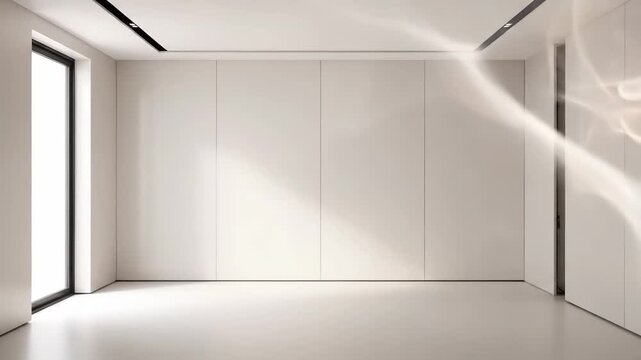 Bright, contemporary empty room with clean white surfaces and abstract light patterns dancing on the wall.