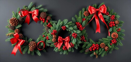 Elegant set of three Christmas wreaths, varying sizes, adorned with pine cones, berries, and ribbons,  christmas decoration,  decoration