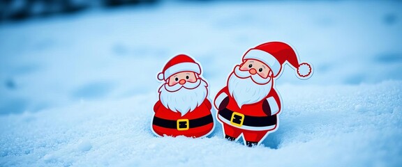 Festive red and white Santa stickers on a snowy background, cheerful, present