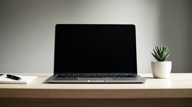 Clean and organized home office setup featuring a laptop with a blank screen, perfect for overlays or text.