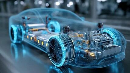 Generative AI. Futuristic electric vehicle with transparent design showcasing intricate internal components, highlighting advanced technology and engineering concepts in automotive innovation - Powered by Adobe