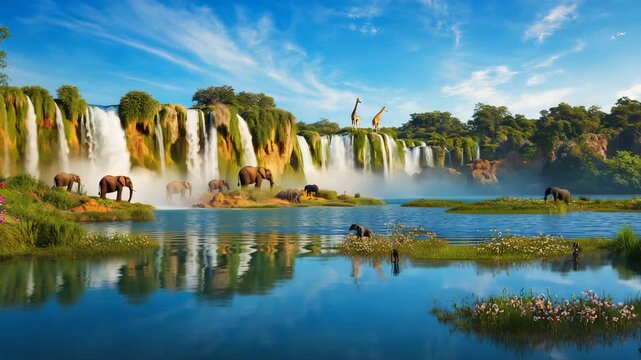 African Wildlife Gathering Near Waterfall with Rainbow