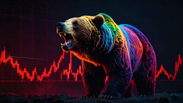 Bear market: Colorful bear roars against red stock chart background