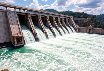 Hydroelectric dam with water flowing through, generating power,  energy,  electricity