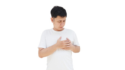 Portrait of an Asian man clutching his chest with a painful expression. He is suffering from sudden chest pain, heart attack symptoms, or severe acid reflux (GERD). Isolated on white background.