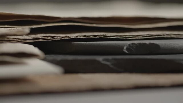 Close-up of stacked textured paper and rough stone slabs, showcasing natural materials and artistic craftsmanship.