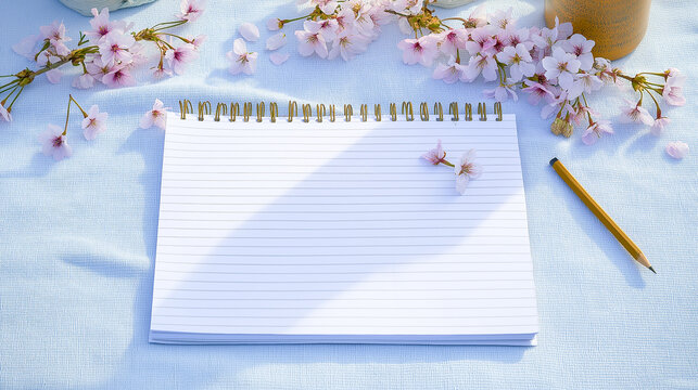 桜の花と文具のフラットレイ｜新年度のメッセージ背景