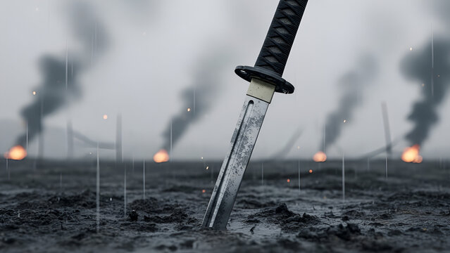 Somber katana sword in muddy post-battle field. Desaturated, low-angle shot with rain, smoke, and grey sky. Reflective cinematic aesthetic, ideal for historical dramas, remembrance content,