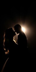 Love's sculpted silhouette, a tender connection bathed in dramatic light, intimacy revealed through soft focus,  affection,  depth of field