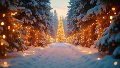 Snowy path lined with pine trees and warm fairy lights leads to a glowing Christmas tree. Winter forest displays festive holiday illumination.