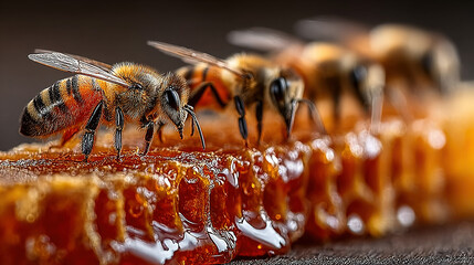 Honey bees on honeycomb collecting nectar and producing honey.