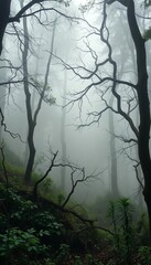 Mist hangs low over a dense, mysterious forest, obscuring the tangled undergrowth and gnarled branches,  forest,  nature