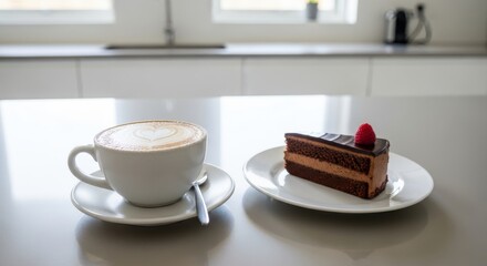 White cup of coffee with latte art sits beside a slice of chocolate cake with raspberry on modern countertop
