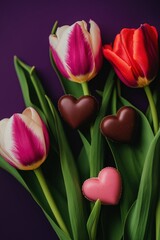 Tulips and heart shaped chocolates on a purple backdrop, romantic Valentines composition evoking love, celebration, and sweet gifting