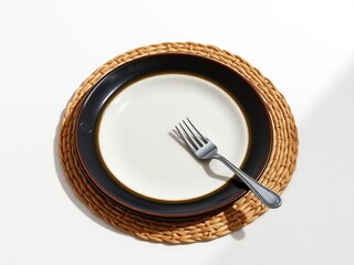 Plate on woven placemat with carved fork, subtle shadow, clean background,  clean background,  minimalist