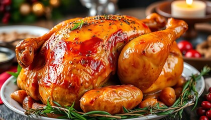 Perfectly roasted golden-brown turkey, crisp skin, succulent meat, garnished with fresh herbs, ready for a festive holiday dinner,  comfort food,  healthy