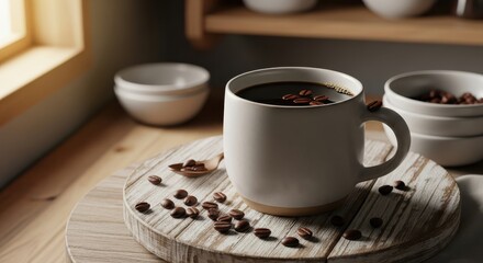 Fototapeta premium Ceramic mug filled with dark beverage rests on wooden surface surrounded by roasted coffee beans