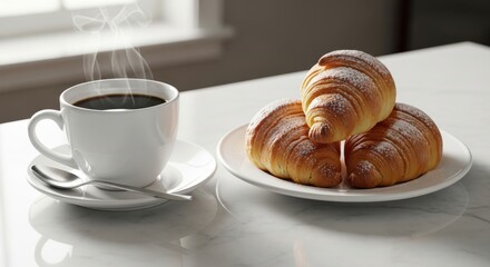 Steaming cup of dark beverage accompanies three buttery pastries dusted with powdered sugar on a bright surface