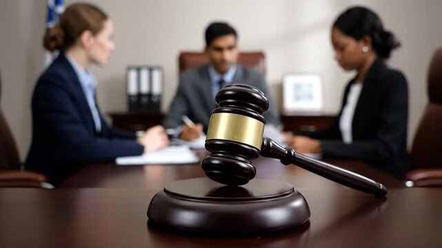 A gavel rests on a table before three people discussing legal matter