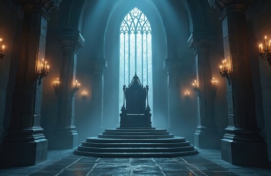 Dark throne sits on raised steps in grand hall. Tall arched window with gothic tracery illuminates room with candles lit on walls. Stone pillars line hall.
