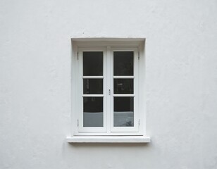 White framed window with four panes in textured white wall. Minimalist exterior architecture detail. Simple house facade element. Clean design background.