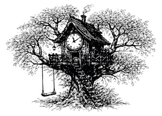 Hand drawn line art illustration of a whimsical treehouse depicting a clock and swing for children's fantasy themes
