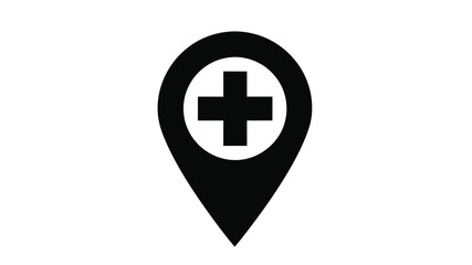 Obraz premium Black medical location pin icon with a white background and a plus sign inside