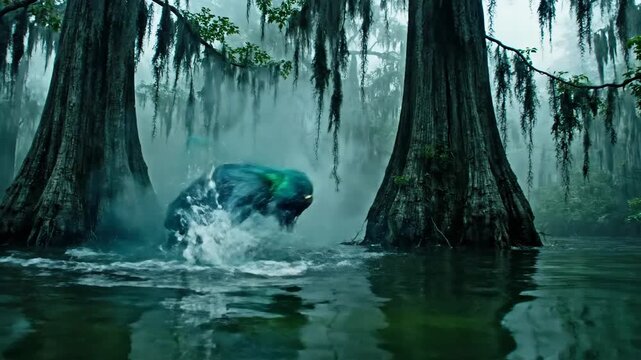 A Fearsome Swamp Monster Emerging from Dark Waters