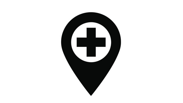 Black medical location pin icon with a white background and a plus sign inside