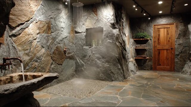 A rustic bathroom features stone walls and floors, wooden door, copper fixtures, and a rain shower