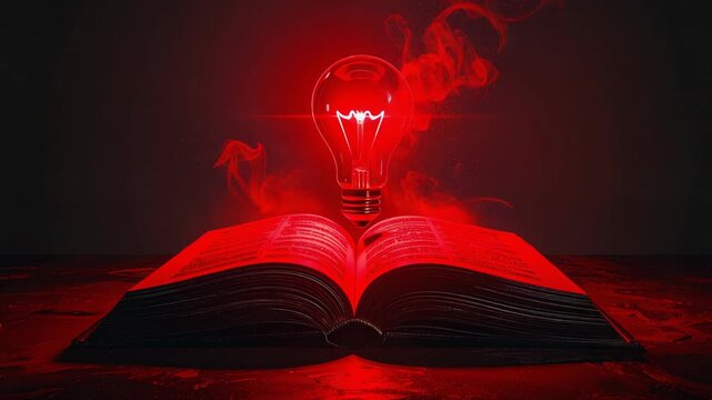 Glowing Light Bulb Above Open Book, Symbolizing Knowledge and Innovation