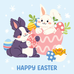 Cute greeting card with Easter rabbits. Happy and funny bunnies with Easter egg, carrot, flowers.  Spring collection of animals and decorations. For poster, card, scrapbooking , stickers