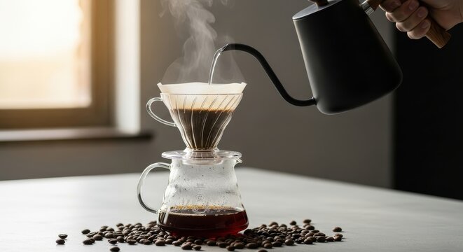 Person pours hot water over ground beans in a manual drip coffee maker setup