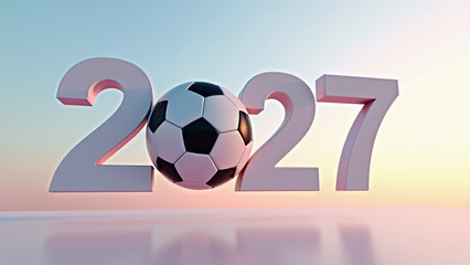 The year 2027 stands bold, its zero replaced by a soccer ball. Against pink-blue sky, the scene feels iconic&mdash;an elegant fusion of sport, time, and the promise of global celebration.