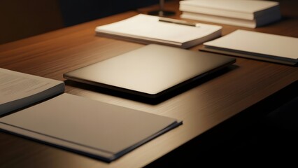 Document Management: Laptop and Notebooks on Wooden Office Desk
