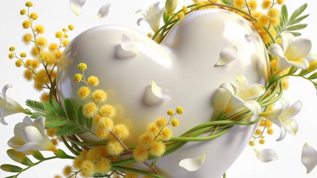White heart-shaped sculpture rests in a wreath of yellow mimosa blooms and delicate white lilies. Soft petals float around while green foliage and woven stems wrap the heart in a gentle decorative arr