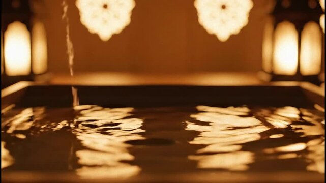 Warm Amber Toned Indoor Pool Area with Reflective Water Surface and Ornate Lanterns Casting Soft Light Creating a Tranquil and Serene Atmosphere of Relaxation and Luxury