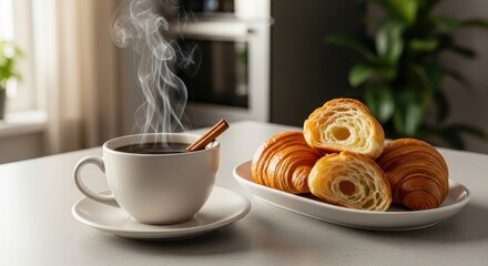 Steaming hot beverage served alongside a plate of golden baked pastries