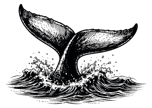 Engraved style illustration of a whale tail depicting splashing in ocean waves for marine life design