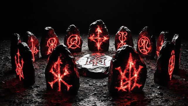 Ancient Ritual Stones with Glowing Occult Runes in a Dark Circle