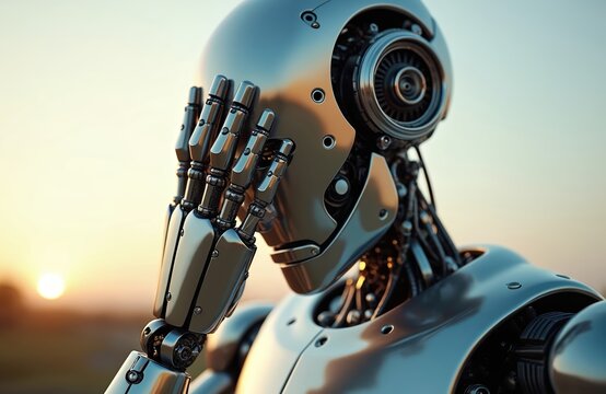 Futuristic robot covers its face with its metallic hand. The android seems frustrated or embarrassed. Advanced automation in a desolate landscape against a setting sun.