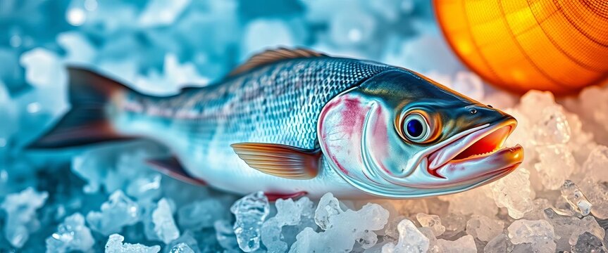 Ganze, rohe Dorade auf Eisw&uuml;rfeln, gl&auml;nzende Schuppen und klares Auge zeugen von au&szlig;ergew&ouml;hnlicher Frische, bereit zur Zubereitung,  k&uuml;che,  di&auml;t