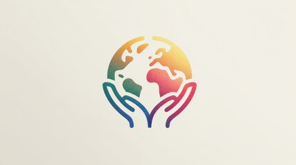 Minimal illustration of a globe formed by clasped hands, showcasing unity in vibrant rainbow colors against a clean white background with copy space