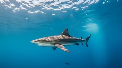 Fototapeta premium Grey reef shark swimming in the ocean with sunlight filtering through the water
