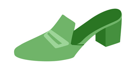Green loafer mule shoe women flat. Slip on block heel shoe with strap detail for office, smart street look. Technical fashion illustration, CAD mockup, smooth vector men unisex isolated trendy style.